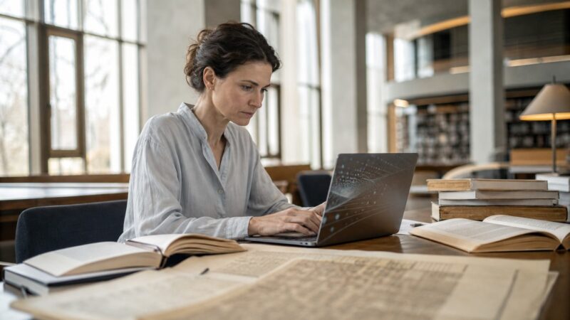 A literary researcher using a laptop beside books in a library