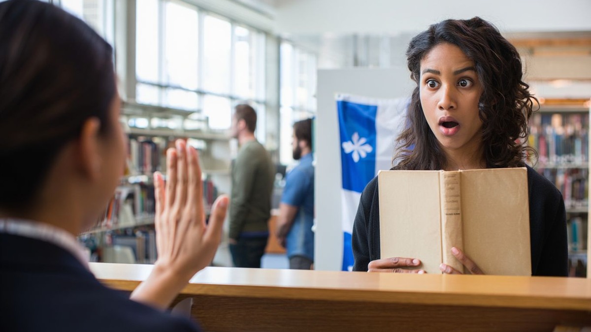 A surprised reader facing a librarian during a language policy dispute
